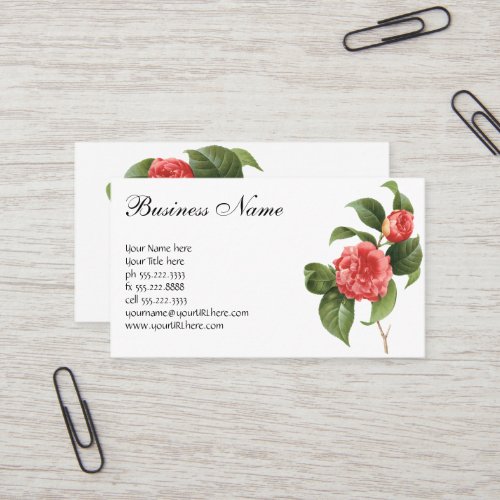 Vintage Floral Pink Camellia Flowers by Redoute Business Card