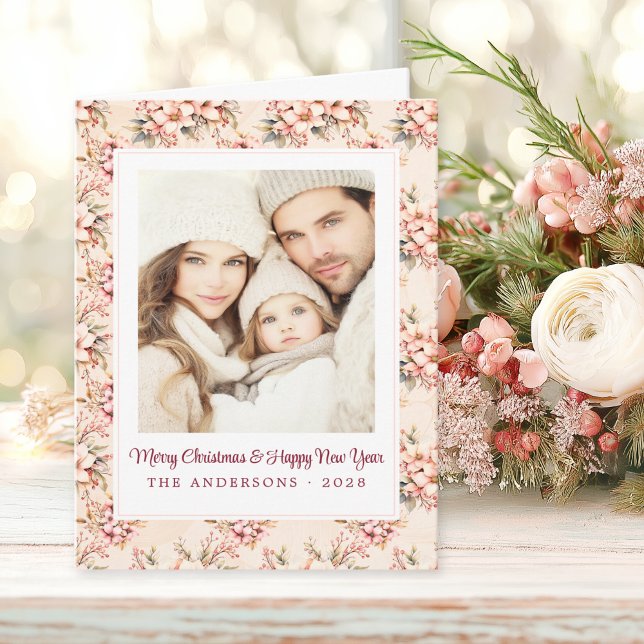 Vintage Floral Pink Christmas Customizable Card (Shabby Chic Christmas Card)