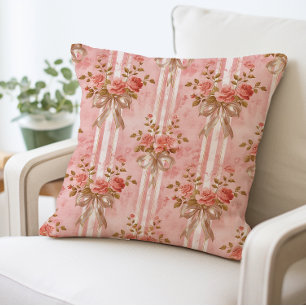 Vintage Floral Pink Coquette Bows Pillow
