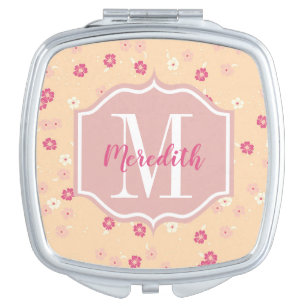 Vintage Floral Pink Coral Daisies Monogram Compact Mirror