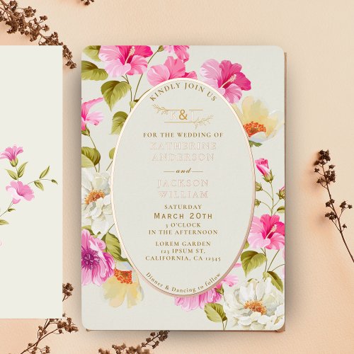 Vintage floral Pink flowers rose gold Wedding Foil Invitation
