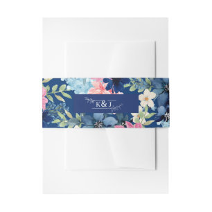 Vintage floral Pink flowers Something blue wedding Invitation Belly Band