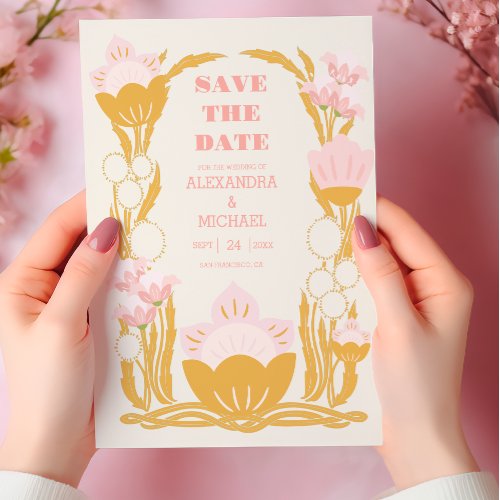 Vintage  Floral Pink Gold Art Nouveau Wedding Save The Date