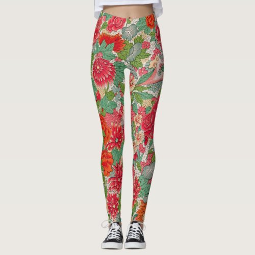 Vintage Floral Pink Green Red Blue Pattern Leggings