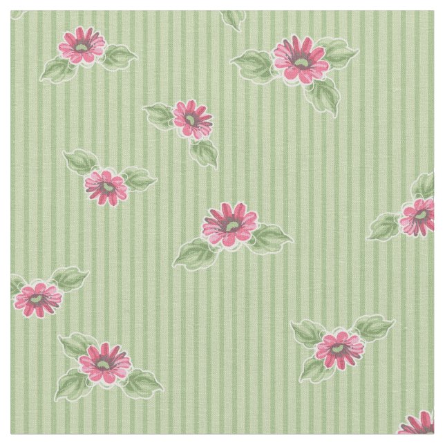 Vintage Floral Pink Green Striped Fabric (Close Up)