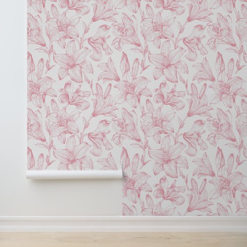 Vintage Floral Pink Lily Flowers Home Decor Wallpaper