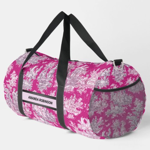 Vintage floral pink magenta toile de jouy monogram duffle bag