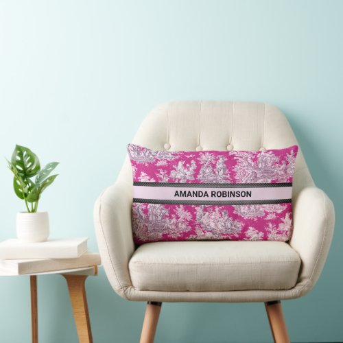 Vintage floral pink magenta toile de jouy monogram lumbar pillow