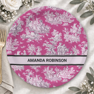 Vintage floral pink magenta toile de jouy monogram paper plates