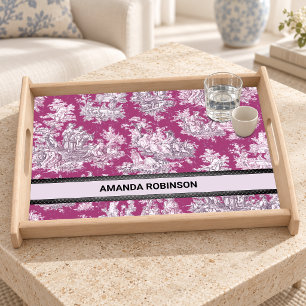 Vintage floral pink magenta toile de jouy monogram serving tray