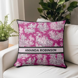 Vintage floral pink magenta toile de jouy monogram throw pillow