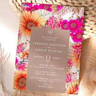 Vintage floral pink orange country kraft wedding invitation