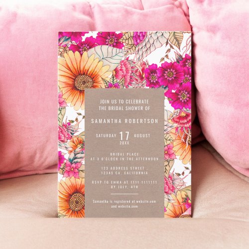 Vintage floral pink orange rustic bridal shower invitation