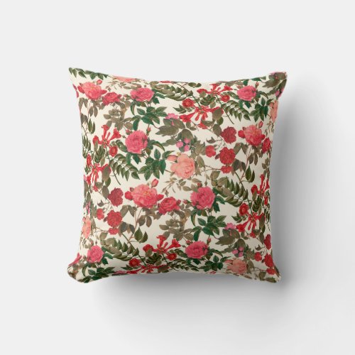 Vintage Floral Pink Red Rose Flower Throw Pillow