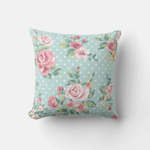 Vintage Floral Pink Rose Flowers Blue Polka Dot Throw Pillow