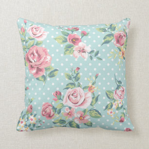 Vintage Floral Pink Rose Flowers Blue Polka Dot Throw Pillow