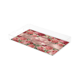 Vintage Floral Pink Rose Gold Monogram Initial Acrylic Tray