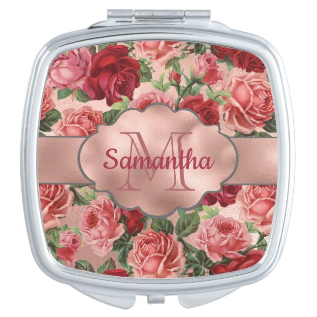 Vintage Floral Pink Rose Gold Monogram Initial Compact Mirror (Front)