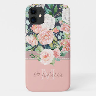 Vintage Floral Pink Rose Monogram Name iPhone 11 Case