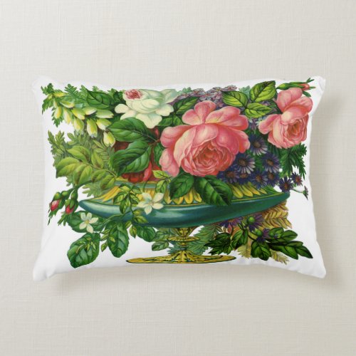 Vintage Floral Pink Roses Vase of Flowers Accent Pillow