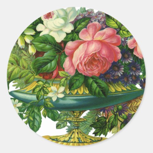 Vintage Floral Pink Roses Vase of Flowers Classic Round Sticker
