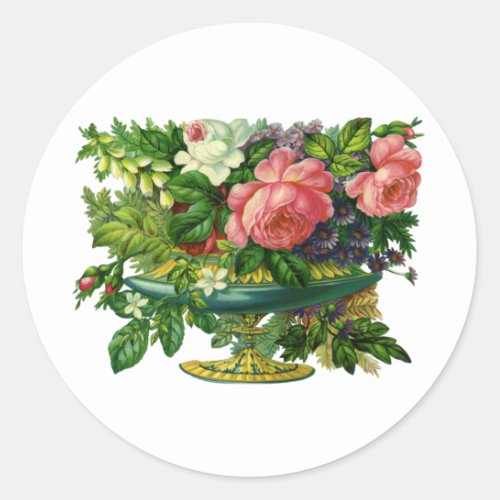 Vintage Floral Pink Roses Vase of Flowers Classic Round Sticker