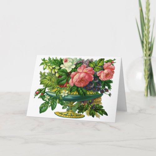 Vintage Floral Pink Roses Vase of Flowers Holiday Card