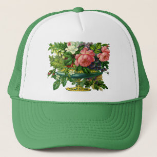 Vintage Floral Pink Roses, Vase of Flowers Trucker Hat