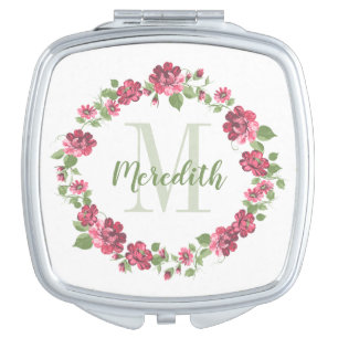 Vintage Floral Pink Roses Wreath Monogram Compact Mirror
