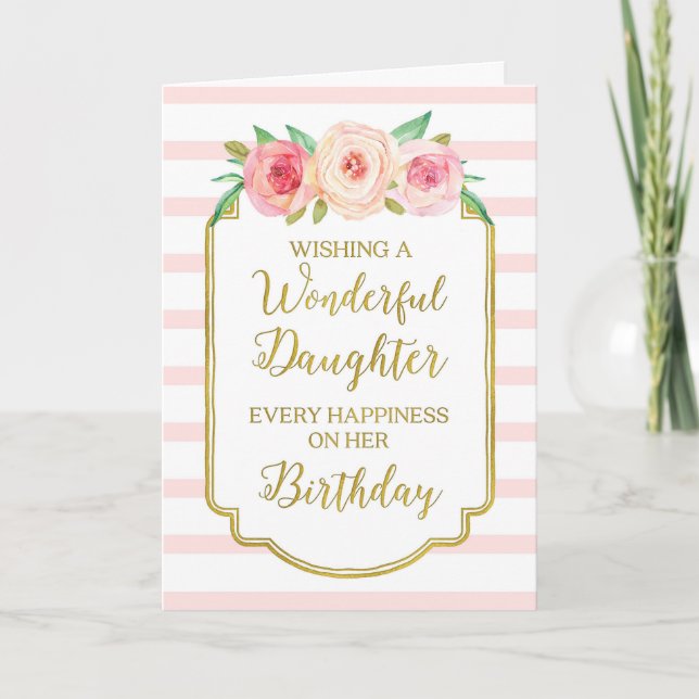 Vintage Floral Pink Stripe Daughter Birthday Card (Front)