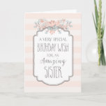 Vintage Floral Pink Stripes Sister Birthday Card<br><div class="desc">Birthday card for sister with vintage pink and peach stripes pattern,  spring flowers,  rustic handwritten style text and thoughtful verse.</div>