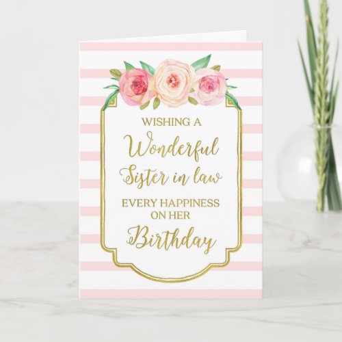 Vintage Floral Pink Stripes Sister in law Birthday Card
