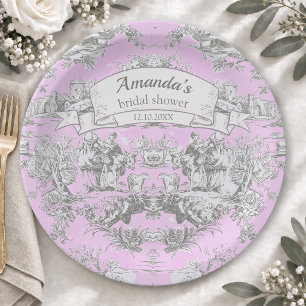 Vintage floral pink toile de jouy Bridal shower Paper Plates