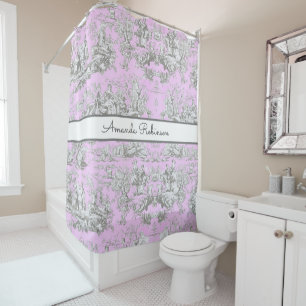 Vintage Floral Pink Toile de Jouy Monogram Shower Curtain