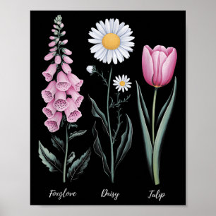 Vintage Floral Plant Foxglove Daisy Tulip Flower G Poster