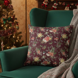 Vintage Floral Poinsettia Christmas Pattern Red Throw Pillow