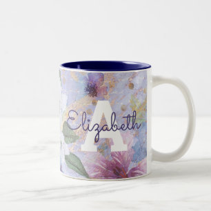 Vintage floral purple blue watercolor monogram Two-Tone coffee mug