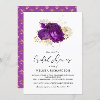 Vintage Floral Purple Gold Damask Bridal Shower Invitation by Wedding_Paper_Nest at Zazzle