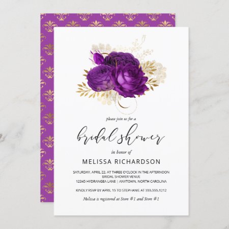 Vintage Floral Purple Gold Damask Bridal Shower Invitation