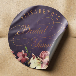 Vintage floral purple gold script bridal shower classic round sticker