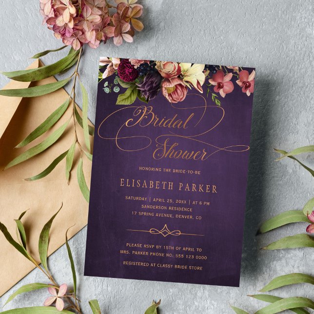 Vintage floral purple gold script bridal shower invitation (Creator Uploaded)