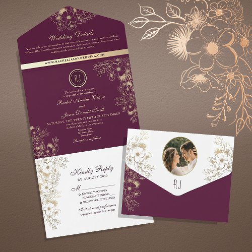 Vintage Floral Purple Monogram Wedding All In One Invitation
