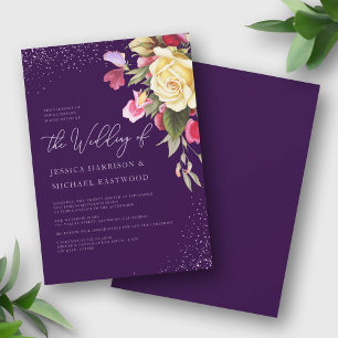 Vintage Floral Purple Pink Yellow Rose Wedding Invitation