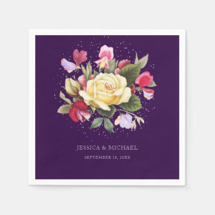 Vintage Floral Purple Pink Yellow Rose Wedding Napkins
