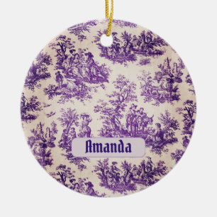 Vintage floral purple toile de jouy monogram ceramic ornament