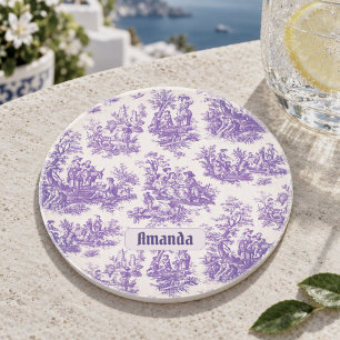 Vintage floral purple toile de jouy monogram coaster
