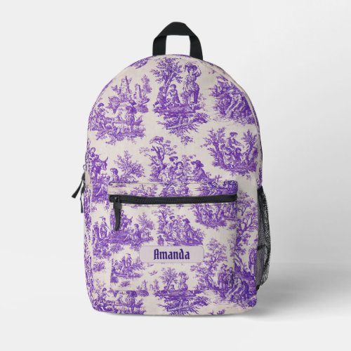 Vintage floral purple toile de jouy monogram dopp printed backpack