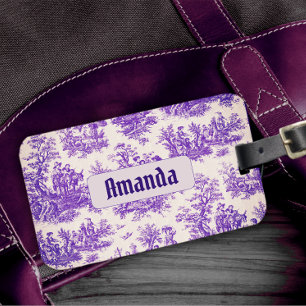 Vintage floral purple toile de jouy monogram luggage tag