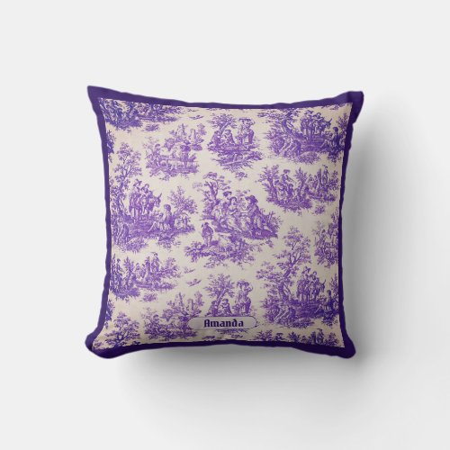 Vintage floral purple toile de jouy monogram throw pillow