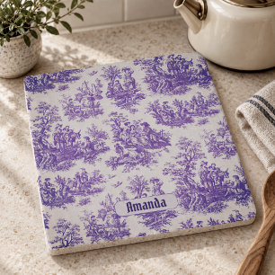 Vintage floral purple toile de jouy monogram trivet